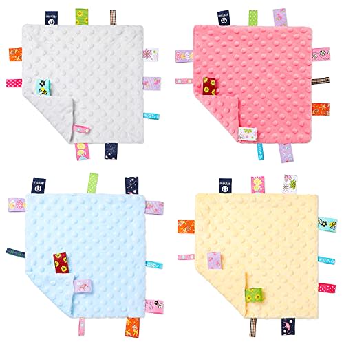 WILLBOND 4 Pieces Baby Tag Security Blanket Plush Soft Soothing Sensory Comforter Animal Themed Nursery Bed Blanket for 0-12 Months Babies, 9.5 x 9.5 Inch(Grey, Pink, Blue, Yellow)