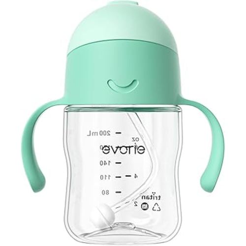 Evorie Tritan Weighted Straw Sippy Cup with Handles for Baby and Toddlers 6 months up, 7 Oz Soft Silicone Straw Infant First Training Water Bottle (Mint)