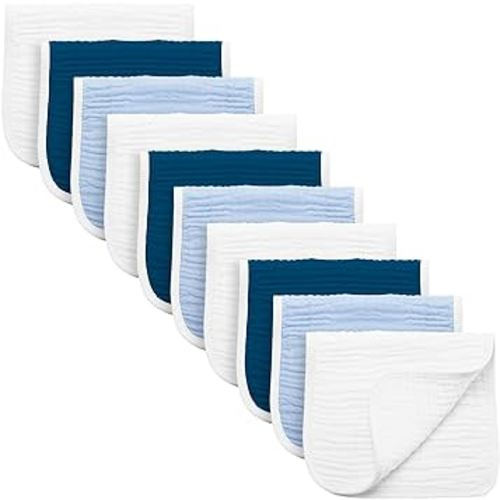 Synrroe Burp Cloths Large, Muslin Burp Cloths for Baby Girls and Boys, Pack of 10 Extra Absorbent and Soft Muslin Bibs, 6 Layers 20 by 10 Inches 100% Cotton (Blue Sets 10 Pack)