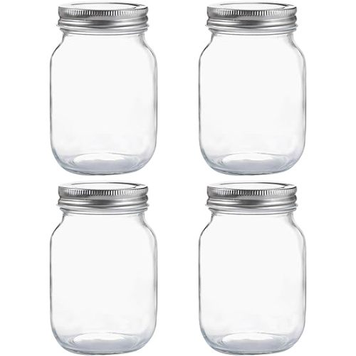 Glass Regular Mouth Mason Jars, 16 oz Clear Glass Jars with Silver Metal Lids for Sealing, Canning Jars for Food Storage, Overnight Oats, Dry Food, Snacks, Candies, DIY Projects (4PACK)