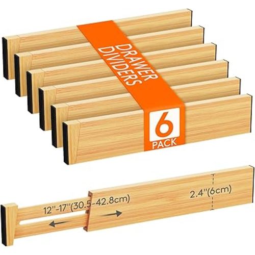 Lifewit 6 Pack Drawer Dividers Bamboo 2.4" High, 12-17" Adjustable Drawer Organizers for Clothes, Wooden Dresser Separators in Bedroom/Bathroom/Kitchen/Fridge/Office Organization and Storage