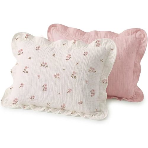 Muslin Ruffled Toddler Pillowcases 13"x18" 2 Pack, Soft, Breathable Muslin Cotton Travel Pillow Covers with Envelope Closure for Baby Boys, Girls & Kids (Vintage Blossom-Ruffled, 13 x 18 Inch)