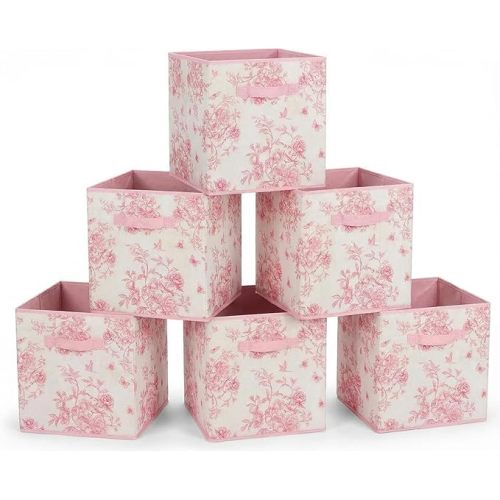 6 Pcs Pink Floral Cube Storage Bins 12.5 Inch Pink Flower Storage Basket with Handle, Preppy Girls Organizer Basket, Collapsible Fabric Box for Classroom Bedrooms Office Home Decoration (Flower)