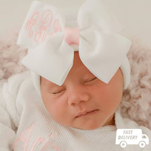 Melondipity Monogrammed Ribbon Bow Hospital Hat, Newborn Girl Hospital Hat | Many Colors Available Pink, Purple, White, Red & Tan