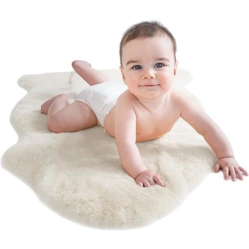 Woolino Sheepskin Luxuriously Soft Fluffy Rug for Bedroom, 100% Natural Australian Merino Wool Lambskin Baby Carpet - Ivory