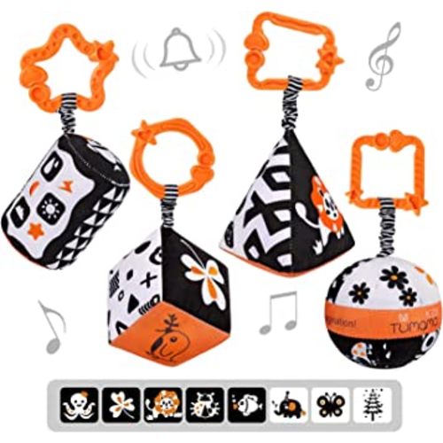 TUMAMA High Contrast Shapes Sets Baby Toys, Black and White Stroller Toy for Car Seat Baby Plush Rattles Rings Hanging Toy for 0 3 6 9 to 12 Months, Newborn,Toddlers,Infants (4 Packs)
