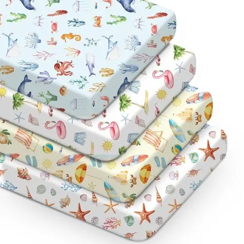 4 Pcs Summer Crib Sheets for Boys Girls 52'' x 28'' x 8'' Ocean Animals Seashell Beach Hawaii Breathable Newborn Mattress Sheets Fitted Baby Gifts for Standard Crib and Toddler Mattresses