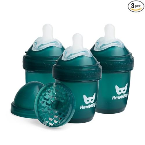 Herobility Anti-Colic Baby Bottles 5 fl oz /140 ml – Pack of 3 Newborn Baby Bottles, Slow Flow Plastic Bottles, Breast-Shaped Teat for Breastfed Babies, Small Baby Bottles, Swedish Design, Dark Green