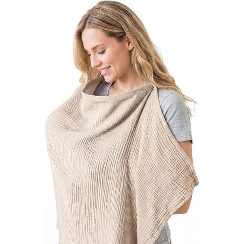 Muslin Nursing Cover for Breastfeeding - 100% Cotton, Breathable Nursing Cover with Arch Neckline and Adjustable Back Tie for Women, Newborn Essentials Must Haves (Light Khaki)