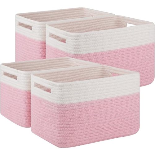 4 Pack Storage Baskets for Organizing, Woven Baskets for Shelves - Perfect for Toys, Books, Towels, and Clothes, Durable Gift Basket Bins Toy Storage, 12.7''Lx9''Wx7.8''H, Pink & White