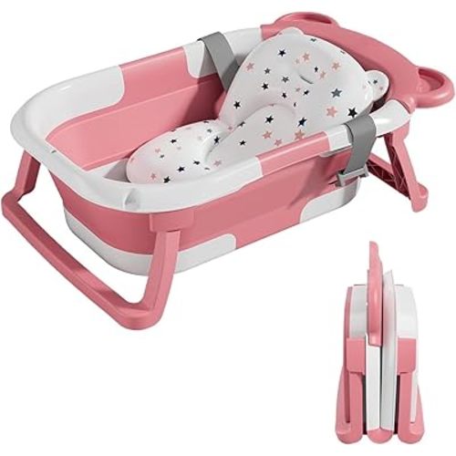 Collapsible Baby Bathtub for Infants to Toddler with Floating Cushion,Foldable Baby Bath Tub Set Applicable 0-36 Month,Perfect Portable Travel Baby Tub for Newborns Boy (Pink)