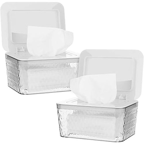 Wipes Dispenser, One-Handed Operation Wipe Holder for Baby & Adult, Seal-Designed Wipes Container for Bathroom Keep Diaper Wipes Fresh (2 Pack White)