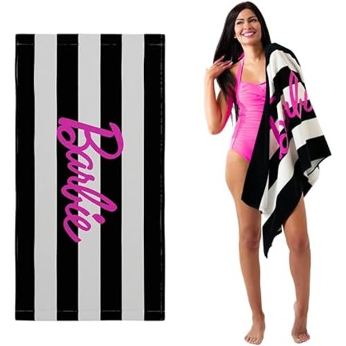 Franco Barbie Barbiecore Black & White Striped Soft Cotton Bath/Pool/Beach Towel, 60 in x 30 in, (Official Licensed Barbie Product)