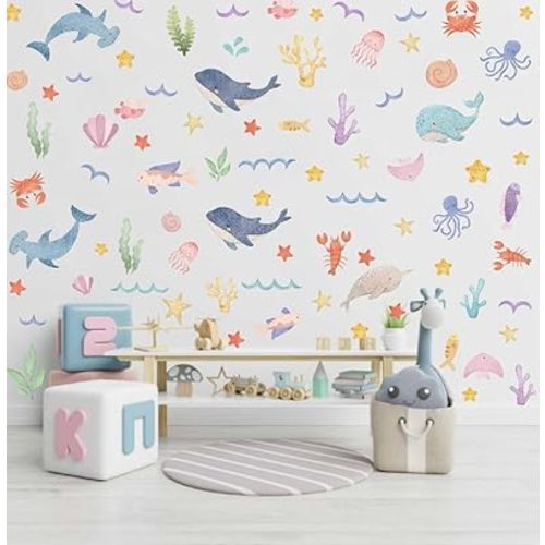 Watercolor Ocean Wall Decals, Whales Dolphins Seaweed Fish Vinyl Wall Stickers, Removable Cartoon Under The Sea Animal Artwork for Baby Bedroom Playroom Bathroom Decor