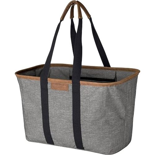 CleverMade Collapsible LUXE Tote, Heather Gray/Black - 30L (8 Gal) Structured Tote Bag with Handles and Reinforced Bottom - Reusable Grocery Bag, Shopping Bag, Utility Tote Bag