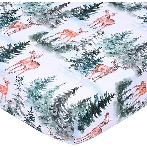 JISEN Fitted Crib Sheets 1 Piece Soft Breathable Baby Crib Sheets for Standard Crib and Toddler Mattress Baby Bed Sheets for Crib for Baby Boys Girls Neutral 28x52 Inch Woodland Animals