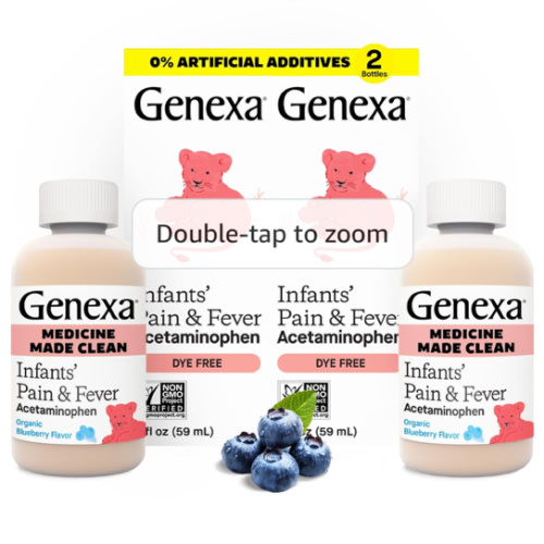Genexa Infants’ Clean Pain & Fever Acetaminophen, Dye Free, 0% Artificial Additives, Delicious Organic Blueberry Flavor, Liquid Oral Suspension Medicine for Baby, 160 mg per 5mL, 4 fl oz (2 Pack)