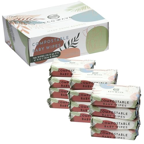 Eco Wave Baby Wipes, 100% Compostable Eco-Friendly Bamboo Wipes, Unscented, Hypoallergenic, Vegan, Alcohol-Free, Suitable For Sensitive Skin (Pack of 12)