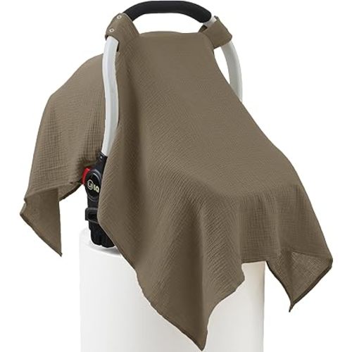 100% Muslin Cotton Car Seat Cover Baby, Carseat Canopy Cover, Universal Fit Stroller Covers for Boys and Girls (Coffee)