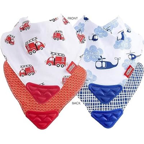 Nuby Reversible 2 Piece Teething Bib, Fire Engine, Blue Helicopter, 3 mo+