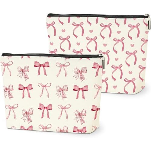 2PCS Pink Bow Makeup Bag, Coquette Preppy Bow Cosmetic Bags Gifts for Women Girls Pink Trendy Toiletry Bag Best Birthday Christmas Gifts for Girls Women Sister Travel Cosmetic Bag