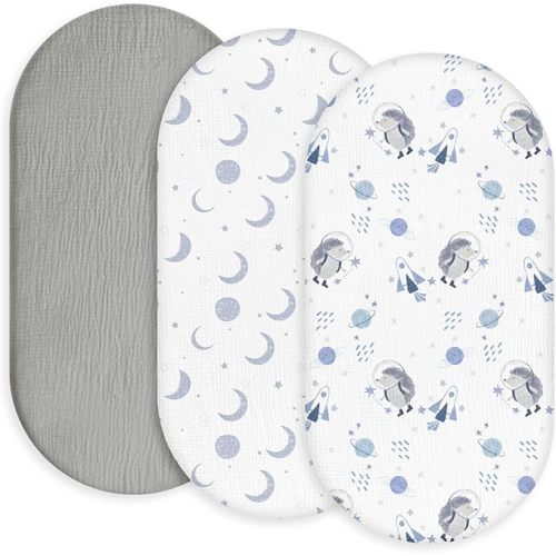 Gllquen Baby Muslin Bassinet Sheets 3 Pack, Breathable Elastic Cozy Fitted Cotton Bassinet Mattress Sheet for Baby Boy Girls, Fit for Hourglass Oval Rectangular Cradle Pad Sheets 33"x17" (Space)