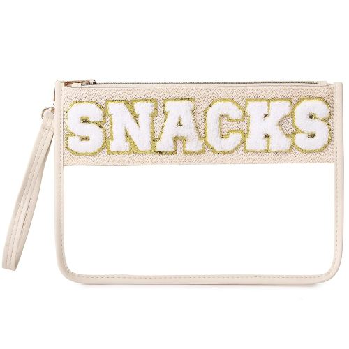Chenille Letter Clear Zipper Pouch for Travel Clear Snack Bag Beach Cosmetic & Toiletry Makeup Bag for Women (Snacks-1)