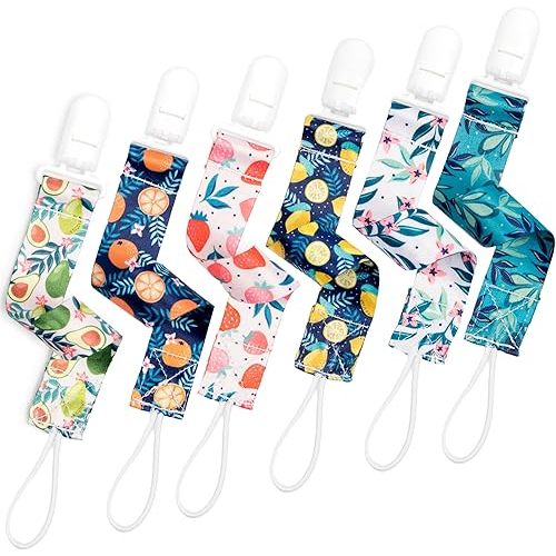 Neutral Pacifier Clip Set, 6 Pack Pacifier Holder Clip, Lemon Orange Avocado Fruit, Stylish and Practical Baby Binky Teethers, Baby Shower (Citrus Crush)
