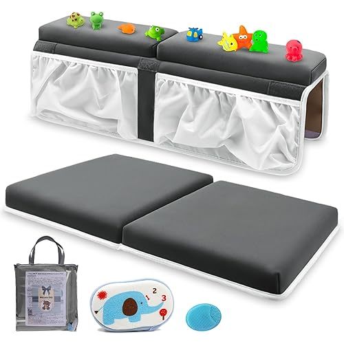 Bath Kneeler and Elbow Rest Set Baby Bath Kneeling Pad, Thick Non-Slip Bathing Kneeling Mat Cushion Quick Drying Bathtub Knee Saver with Arm Support and Pockets for Bathroom Bathing Time Comfort