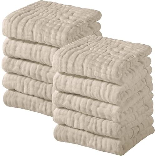 Yoofoss Muslin Baby Washcloths 100% Cotton Face Towels 10 Pack Wash Cloths for Baby 12x12in Soft and Absorbent Baby Wipes (Apricot)