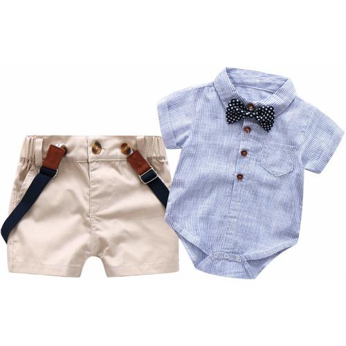 Baby Boys Short Sleeve Gentleman Outfits Suits, Infant Blue Shirt+Bib Pants+Tie Overalls Clothing Set