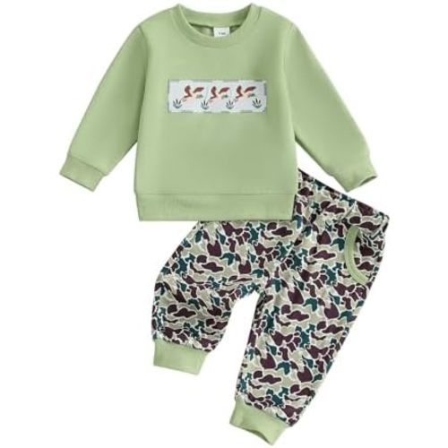 Toddler Baby Boy Fall Winter Clothes Retro Embroidery Duck Hunting Sweatshirt Pullover Camo Pants Outfits