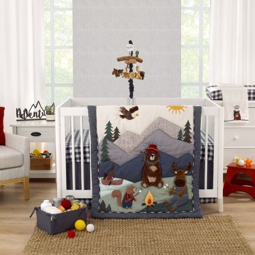 Nojo Into The Wilderness Navy, Green, And Brown, Camping Bear, Moose, Eagle, And Beaver Campfire 4 Piece Nursery Crib Bedding Set
