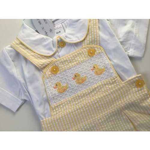 Baby boys Spanish smocked ducks top and dungaree outfit 0-3 months, personalised baby gift