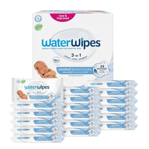 WaterWipes Sensitive+ Newborn & Baby Wipes, 3-In-1 Cleans, Cares, Protects, 99.9% Water, Unscented & Hypoallergenic, 1080 Count (18 Packs)