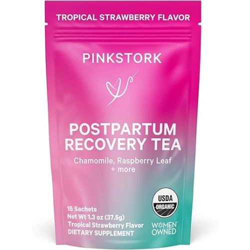 Pink Stork Postpartum Recovery Herbal Tea, Organic Red Raspberry Leaf with Chamomile, Hormone Balance for Women After Labor and Delivery, Strawberry Passion, Hot or Iced, Caffeine-Free, 15 Sachets