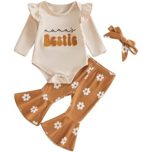 Newborn Baby Girl Clothes Fall Outfit Long Sleeve Letter Embroidery Romper Floral Bell Bottoms Headband 3Pcs Set