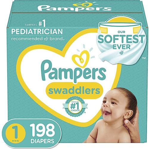 Diapers Size 1/Newborn, 198 Count - Pampers Swaddlers Disposable Baby Diapers (Packaging & Prints May Vary) - ONE Month Supply (Size 1) - Size 1 (198 Count)