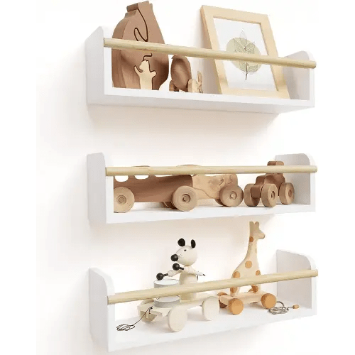Decorative Nursery Bookshelves for Kids - Set of 3 Easy to Install Floating Shelves for Wall Mount - Beautiful Hanging Organizer Furniture for Your Baby Boy or Girl's Bedroom and Play Room Decor