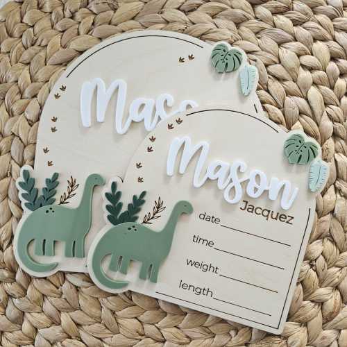 Dinosaur Baby Name Sign | Newborn Birth Announcement Name Plaque | Arch Baby Arrival Hospital Sign | Newborn Footprint Plaque