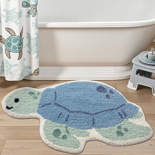 LUMI Cute Animal Bathroom Rugs, Plush Absorbent Bath Mats for Bathroom, Non-Slip Backing Washable Bath Mat, Ideal for Shower Sink Bathtub Room Decor, 20"x33", Blue Sea Turtle