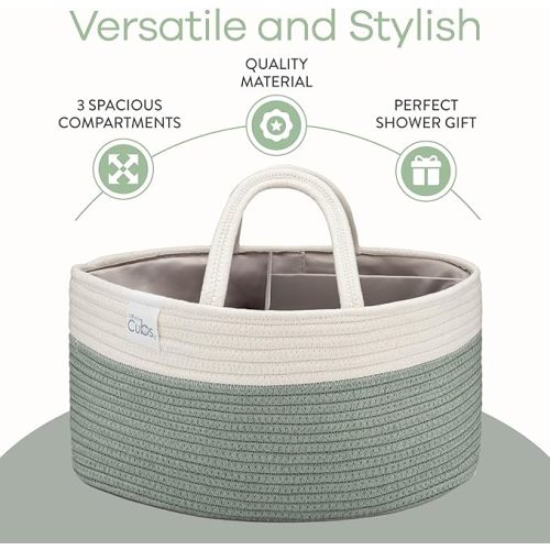 Comfy Cubs Diaper Caddy Organizer- Large Portable Baby Diaper Caddy Nursery Storage Bin and Car Travel Basket - Tote Bag with Dividers for Diapers & Wipes, Sage