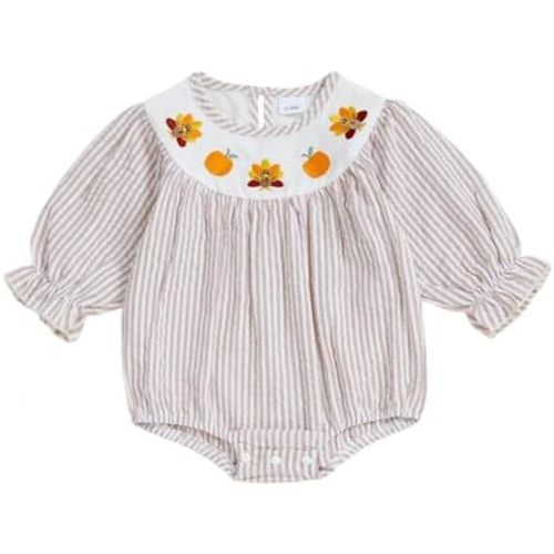 My First Thanksgiving Baby Girl Outfit Turkey Embroidery Smocked Romper Long Sleeve Striped Jumpsuit Fall Clothes