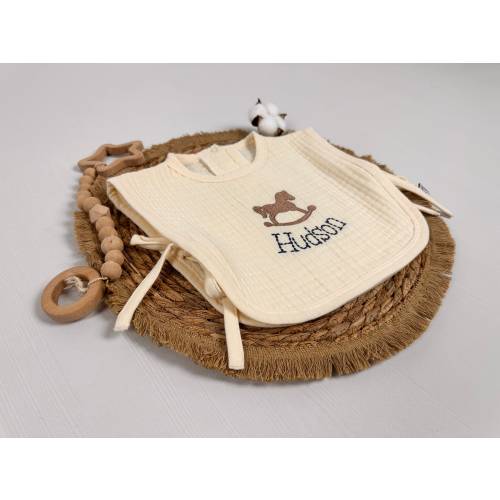 Vintage Muslin Baby Bib, Pony Embroidery, Breathable Waterproof