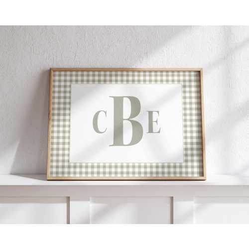 Personalized Monogram on Gingham Digital Print for Girls and Boys shown in sage green, Vintage Grandmillenial Preppy Kids Nursery Wall Art