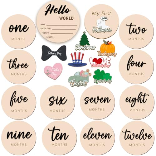 Monthly Baby Milestone Maker Discs, Baby Milestone Signs for Newborn Baby, Hello World Newborn Sign for Girl & Boy, Baby Announcement Sign for 1-12 Month, Milestone Wooden Circles (Sage) (Black)