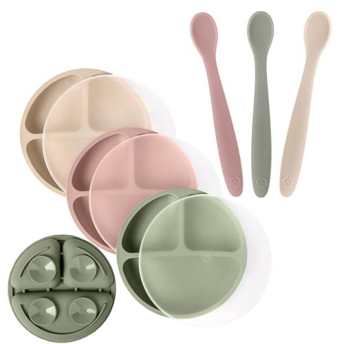 WeeSprout 3 Suction Plates with Lids & 3 Soft-Tip Spoons Bundle - Complete Mealtime Set - Silicone Baby Dinnerware - Divided Toddler Plates - Microwave & Dishwasher Safe