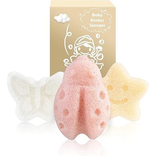 MoHern Konjac Baby Sponge for Bathing, 3Pcs Natural Cute Shapes, Kids Bath sponges for Infants, Toddler Bath time, Plant-Based, Extra Soft