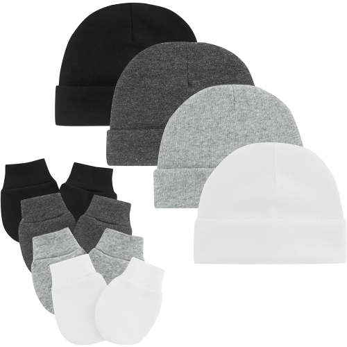 Baby Newborn Hats and Mittens Set 0-6 Months Cotton Beanie Top Knot for Baby Boys Girls Winter