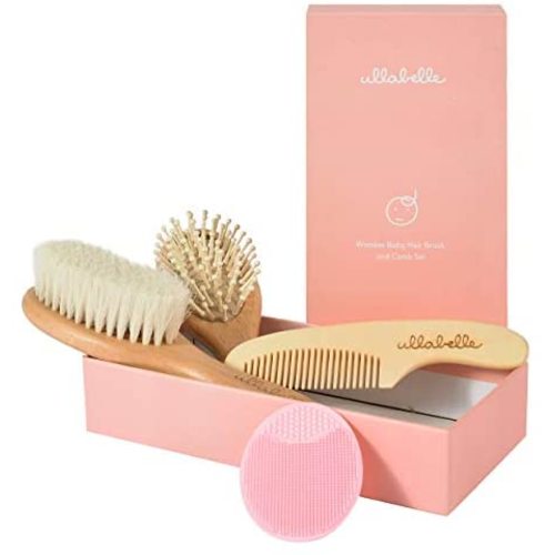Ullabelle 4 Piece Wooden Baby Hair Brush and Comb Set for Newborns & Toddlers in Chic Gift Box - Ultra Soft Natural Goat Hair and Wood Baby Brush Set Prevents Cradle Cap - Perfect Registry Gift (Pink)